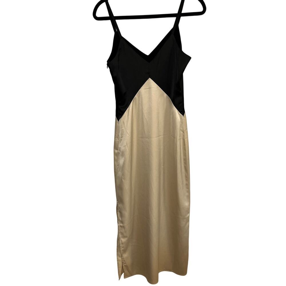 Fabrik Two-Tone Satin Midi Dress Black Champagne Colorblock Sz XS Formal Wedding - Picture 2 of 13